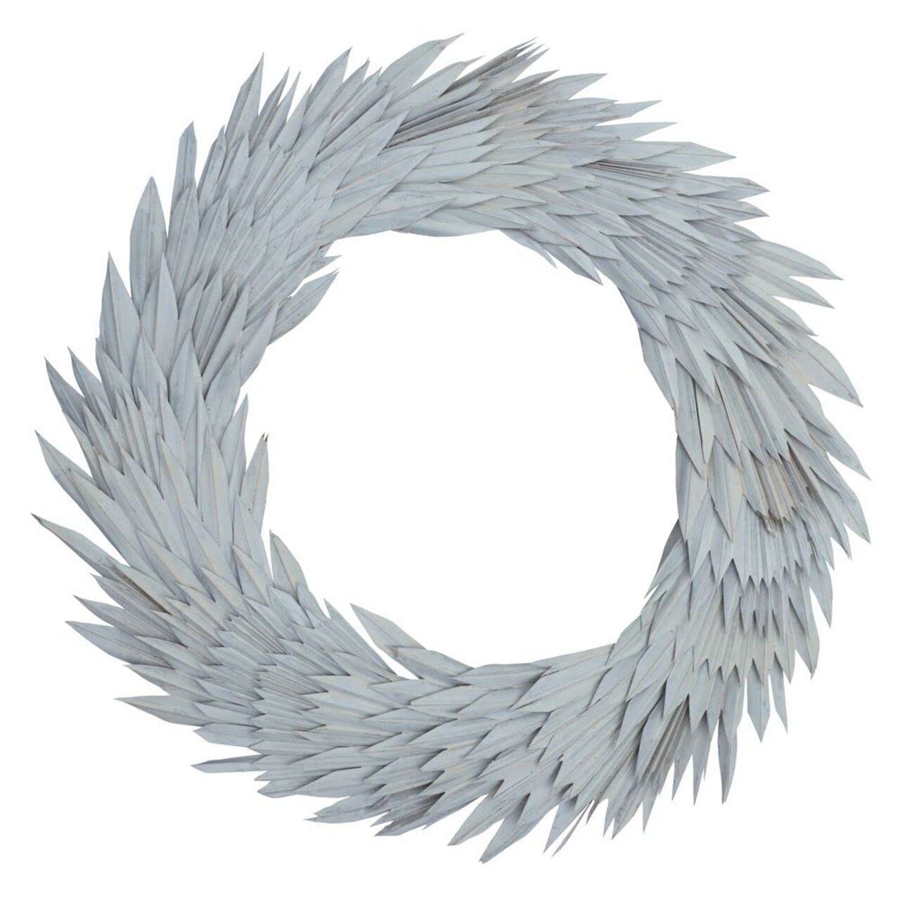 Vickerman Natural Botanicals 24" White Washed Palm Sun Wreath. This wreath measures 24 inches in diameter. It features white washed palm sun leaves on a coco fiber base. This is a dried and preserved natural product.